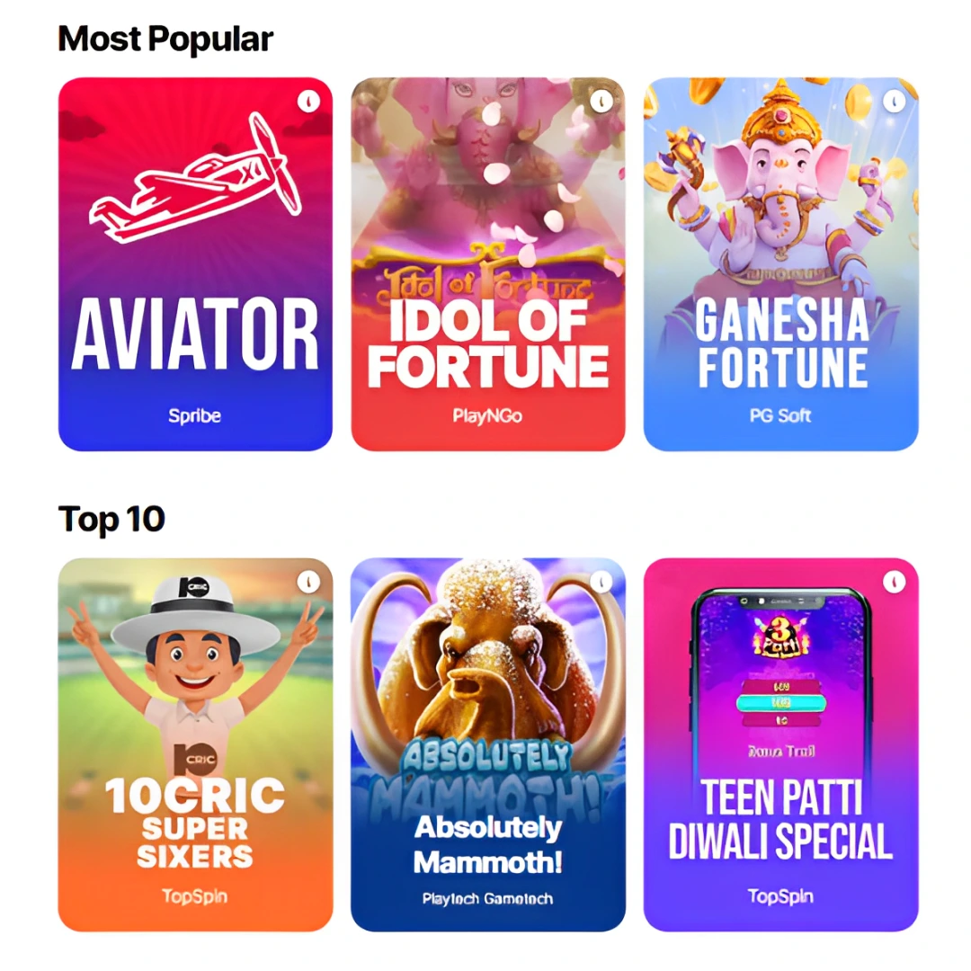 Most popular and top 10 slot games, including Ganesha Fortune, Aviator, and idol of Fortune.