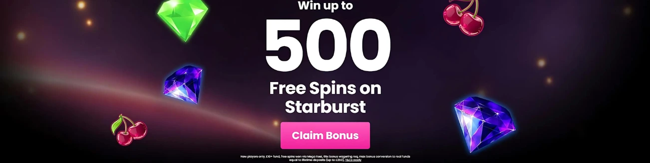 123 Spins offers 500 free spins on Starburst slot game.