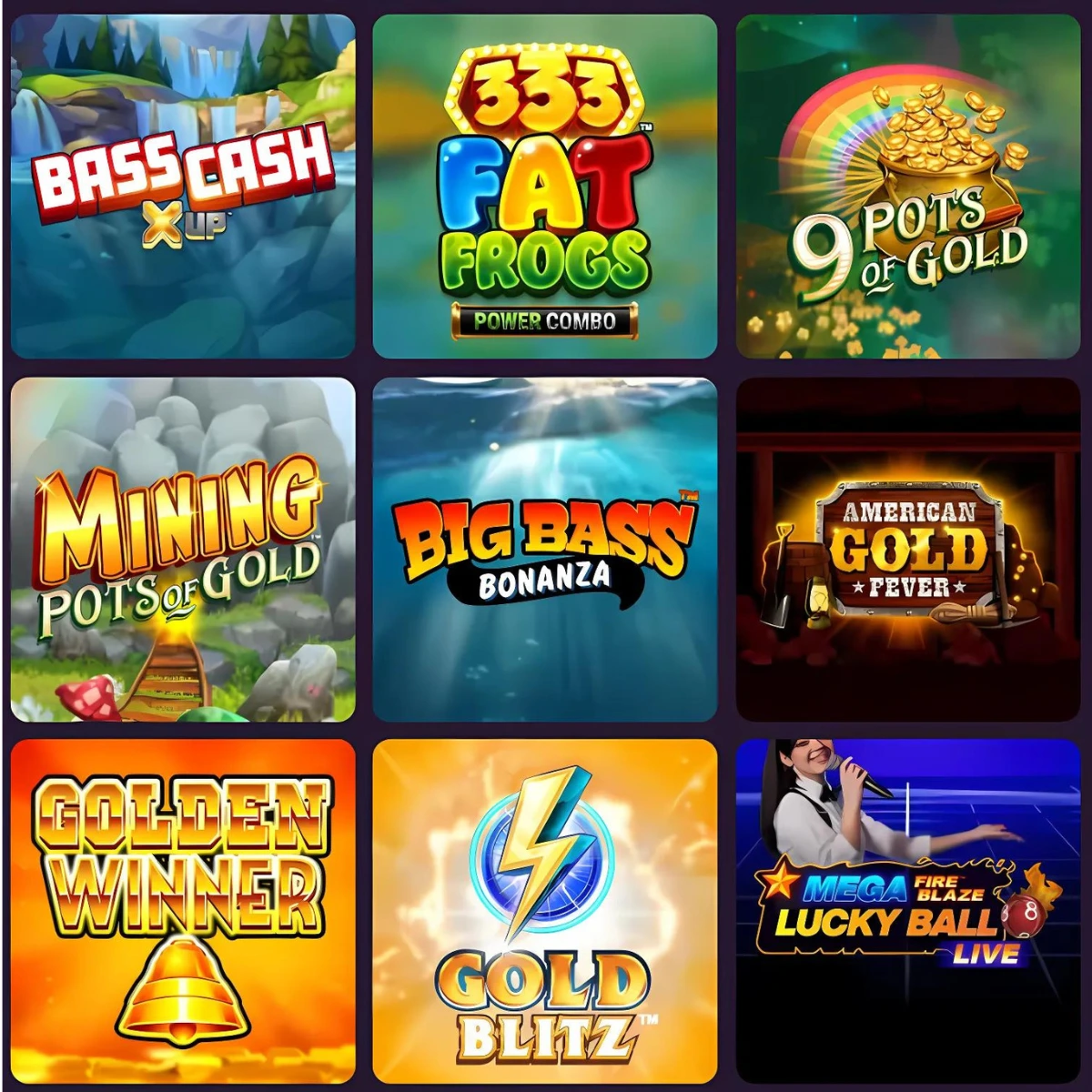 Selection of popular slot games like Big Bass Bonanza and 9 Pots of Gold.