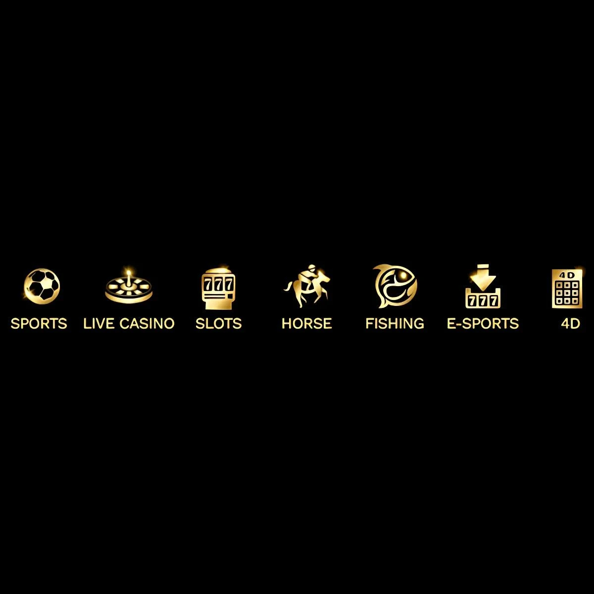 Icons representing sports, live casino, slots, horse racing, fishing, e-sports, and 4D games.