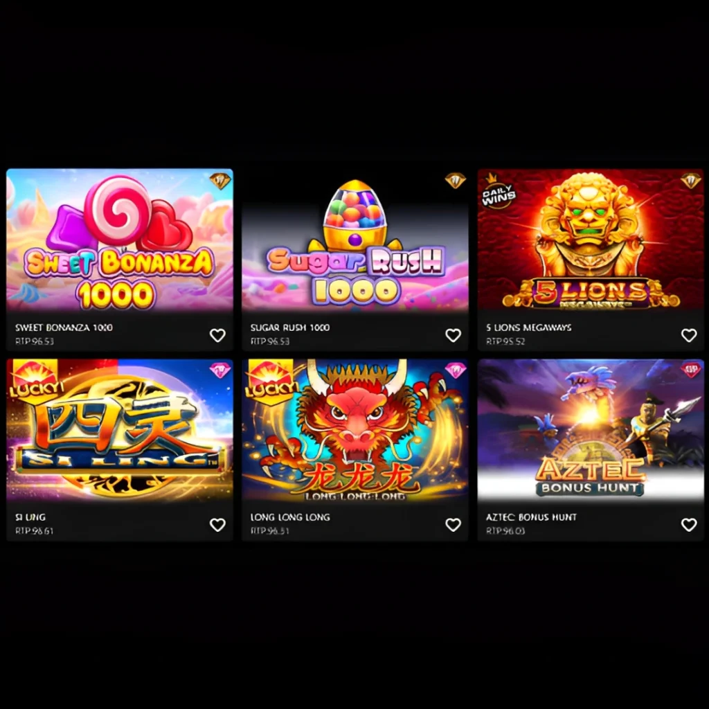 Collection of slot game thumbnails including Sweet Bonanza, Sugar Rush, and Aztec Bonus Hunt.