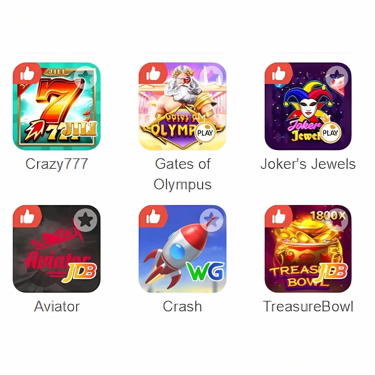 Six casino game icons, including Crazy777, Gates of Olympus, and Joker's Jewels.