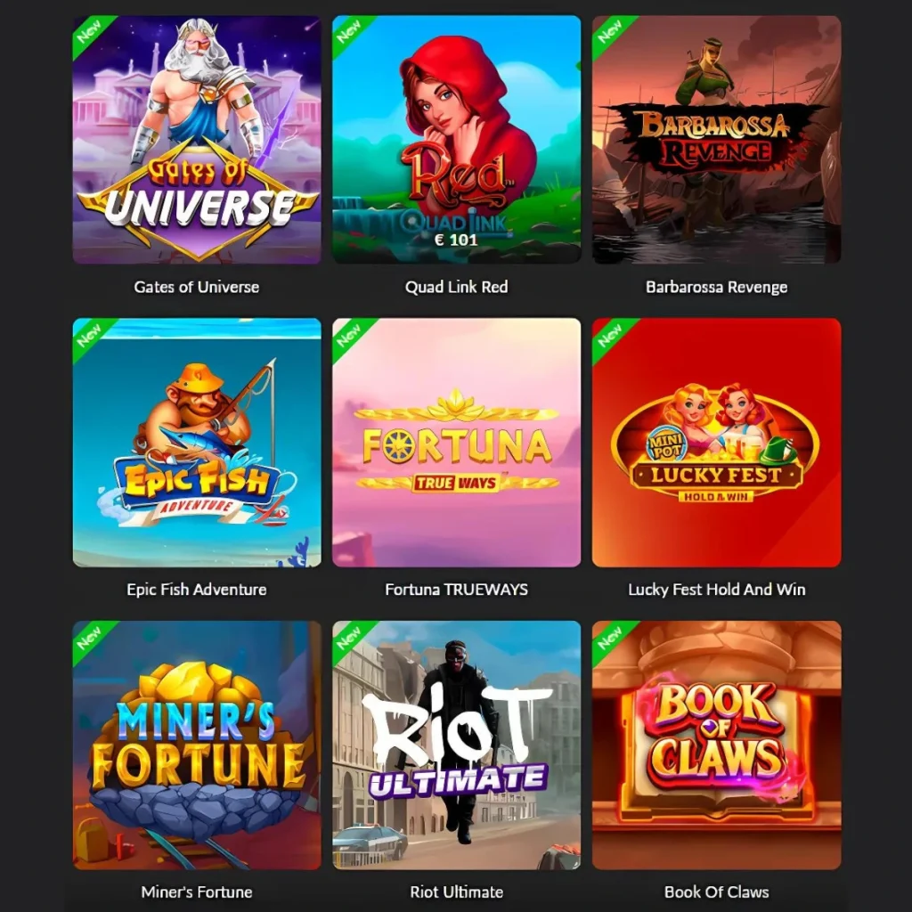 1Go Casino game thumbnails featuring Gates of Universe, Quad Link Red, and Miner’s Fortune.