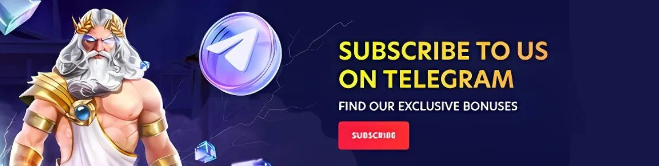 Subscribe to 1xBet Casino on Telegram for exclusive bonuses, featuring Zeus graphic.