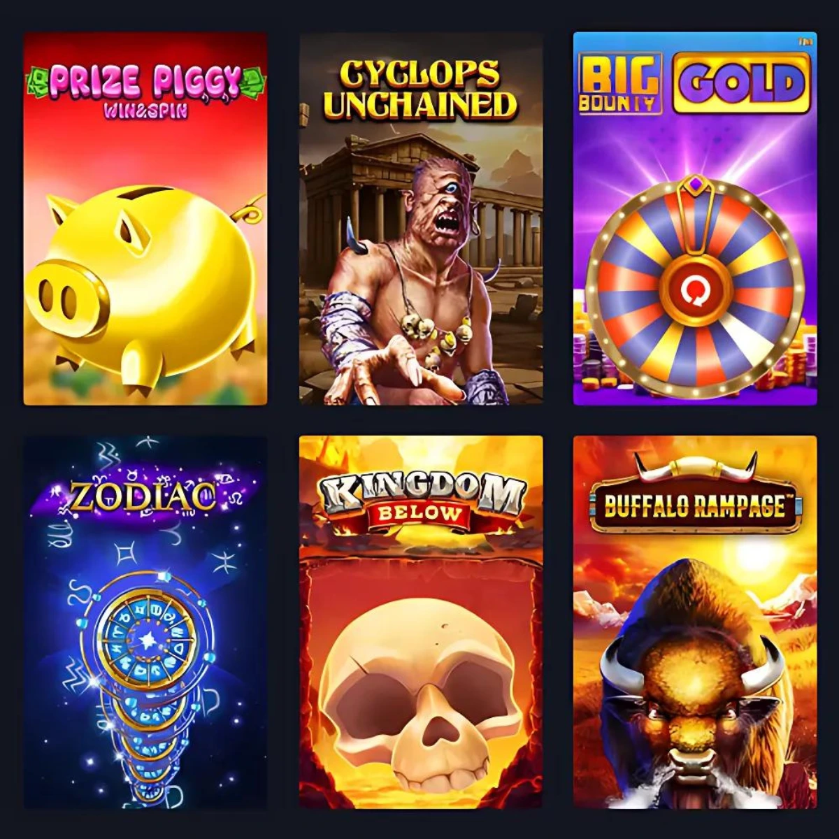 Slot game selection at 21BetShop Casino, featuring Prize Piggy, Cyclops Unchained, and Big Bounty Gold.