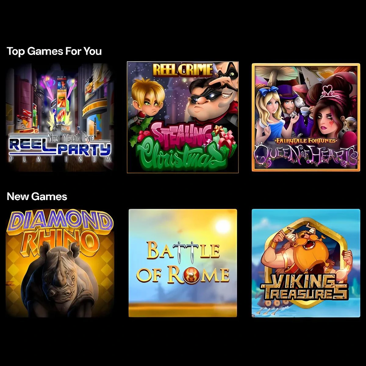 Top games and new games, including Reel Party, Stealing Christmas, and Vking Treasures.