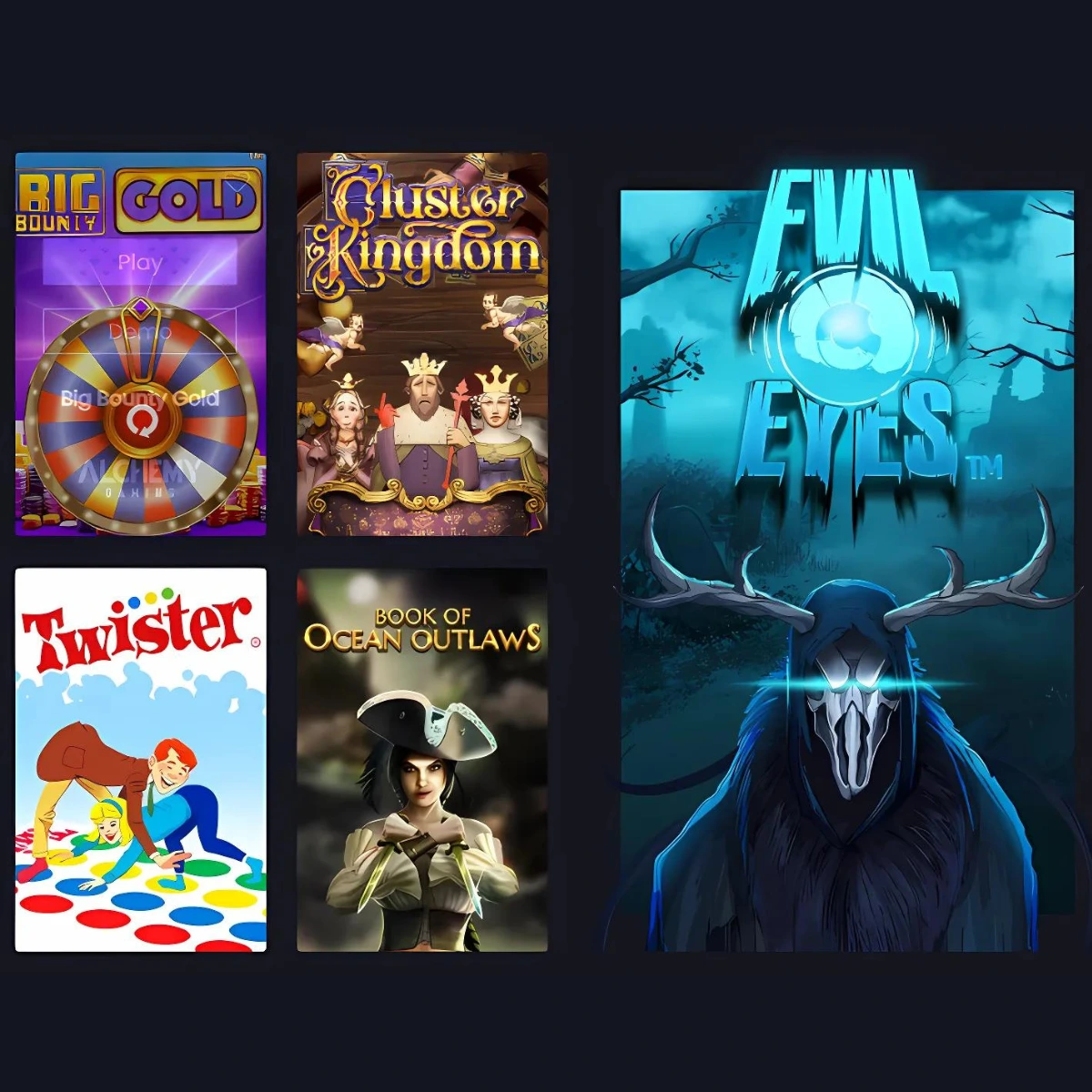 Selection of slot games including Evil Eyes, Cluster Kingdom, and Big Bounty Gold.