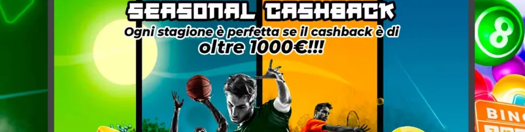 Seasonal Cashback promotion banner featuring various sports like basketball, tennis, and soccer, with a cashback offer of over 1000€.