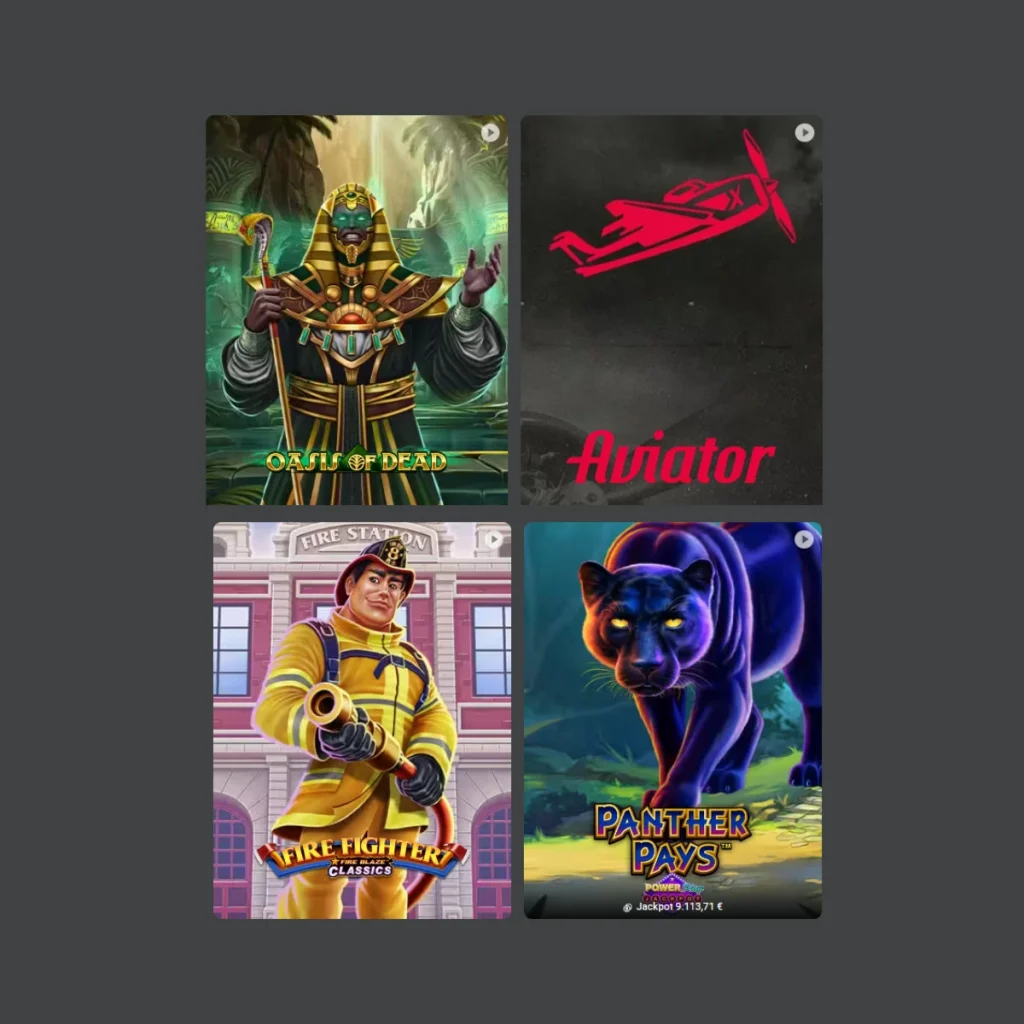 A grid of four online casino game thumbnails featuring 'Oasis of Dead' with an Egyptian pharaoh, 'Aviator' with a red plane, 'Fire Fighter Classic' with a firefighter, and 'Panther Pays' showcasing a black panther.