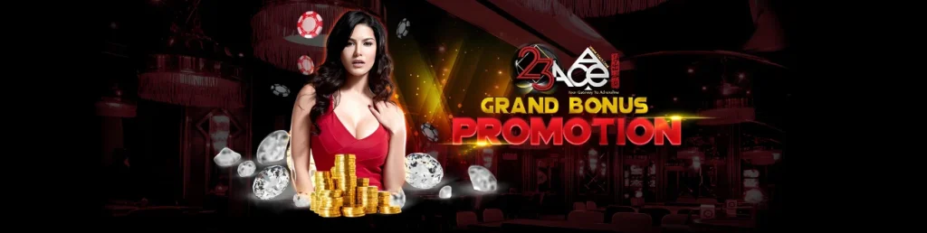 23Ace Casino grand bonus promotion featuring a woman in a red dress, gold coins, and diamonds.