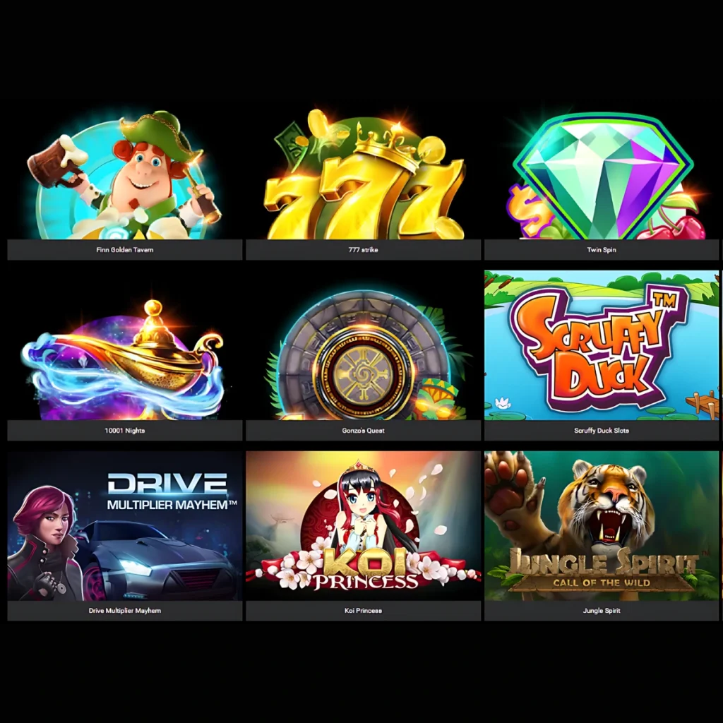  24Betting Casino game thumbnails featuring titles like Finn Golden Tavern, 777 Strike, and Jungle Spirit.