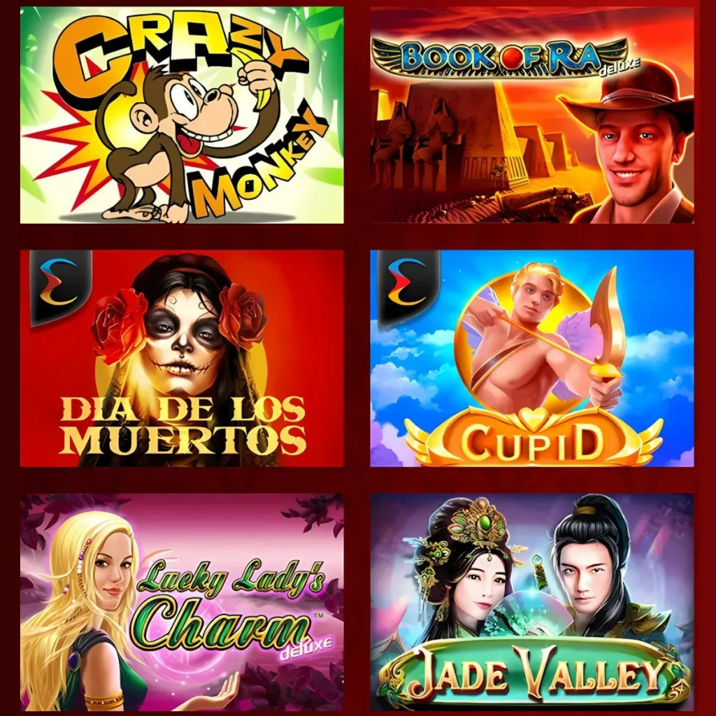 24Open Casino game thumbnails featuring Crazy Monkey, Book of Ra, and Dia de los Muertos.