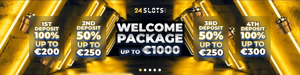 24Slots casino welcome package offering up to €1000 across four deposits.