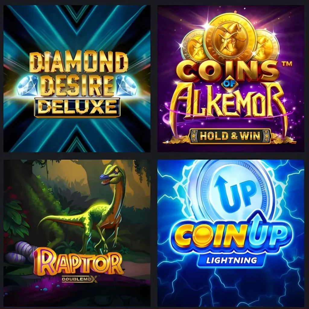 Popular slot games at 24Slots, including Diamond Desire Deluxe and Coins of Alkemor.