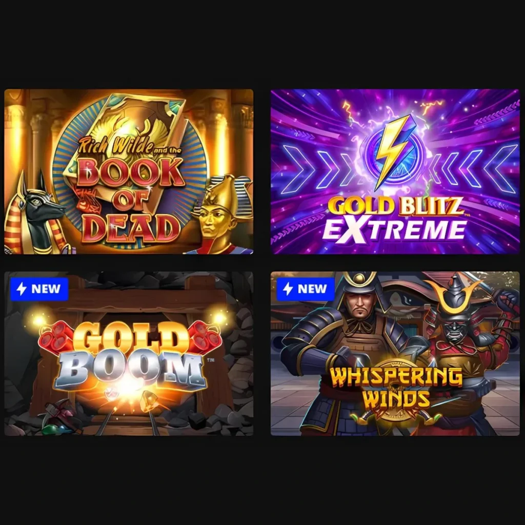 Popular slots at 24Spin Casino, including Book of Dead, Gold Blitz Extreme.