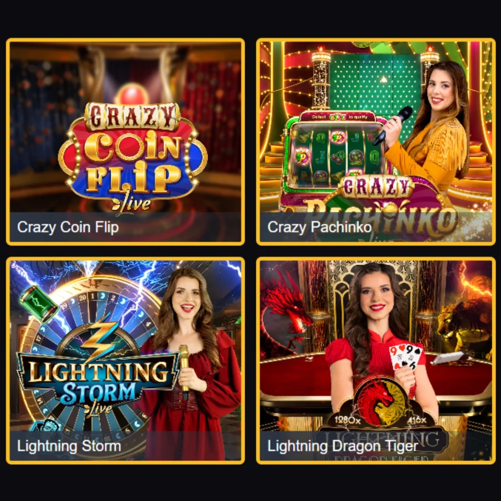 2EZ.Bet Casino live games including Crazy Coin Flip, Crazy Pachinko, Lightning Storm, and Lightning Dragon Tiger.