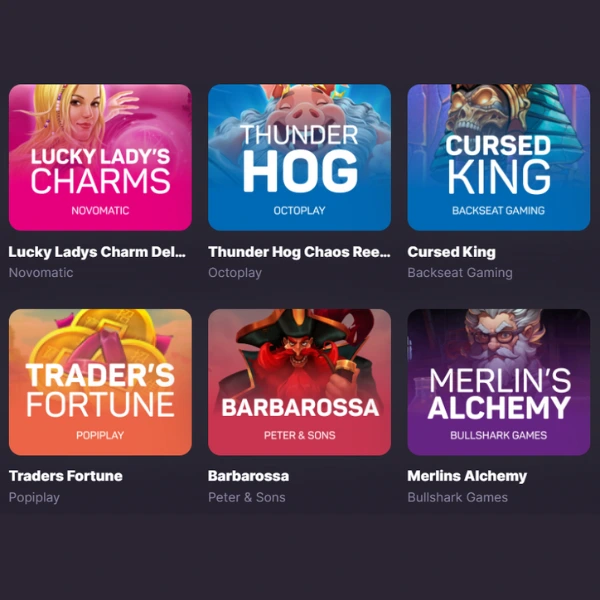 Six slot game icons, including Lucky Lady’s Charms, Thunder Hog, and Merlin’s Alchemy.