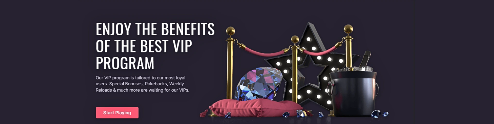 VIP program benefits banner with gems, champagne, and red velvet rope display.