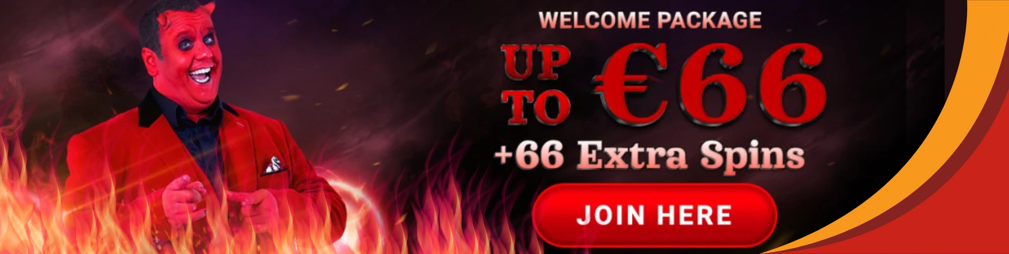 666Casino welcome package offering up to €66 and 66 extra spins, with a red devil character.