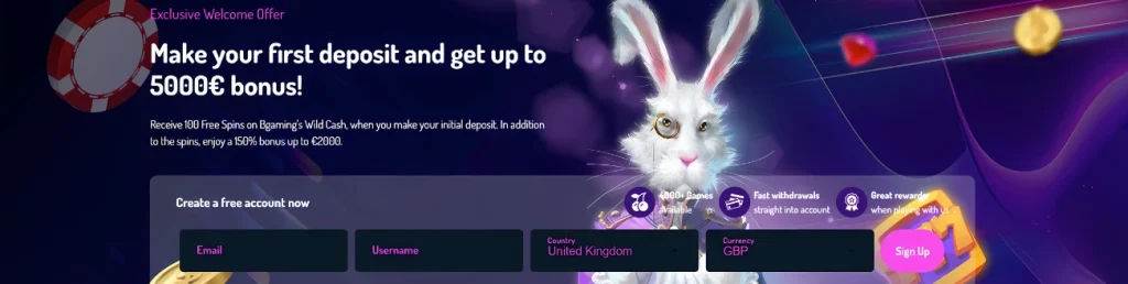 7Bets.io Casino welcome offer with up to 5000€ bonus and a white rabbit character