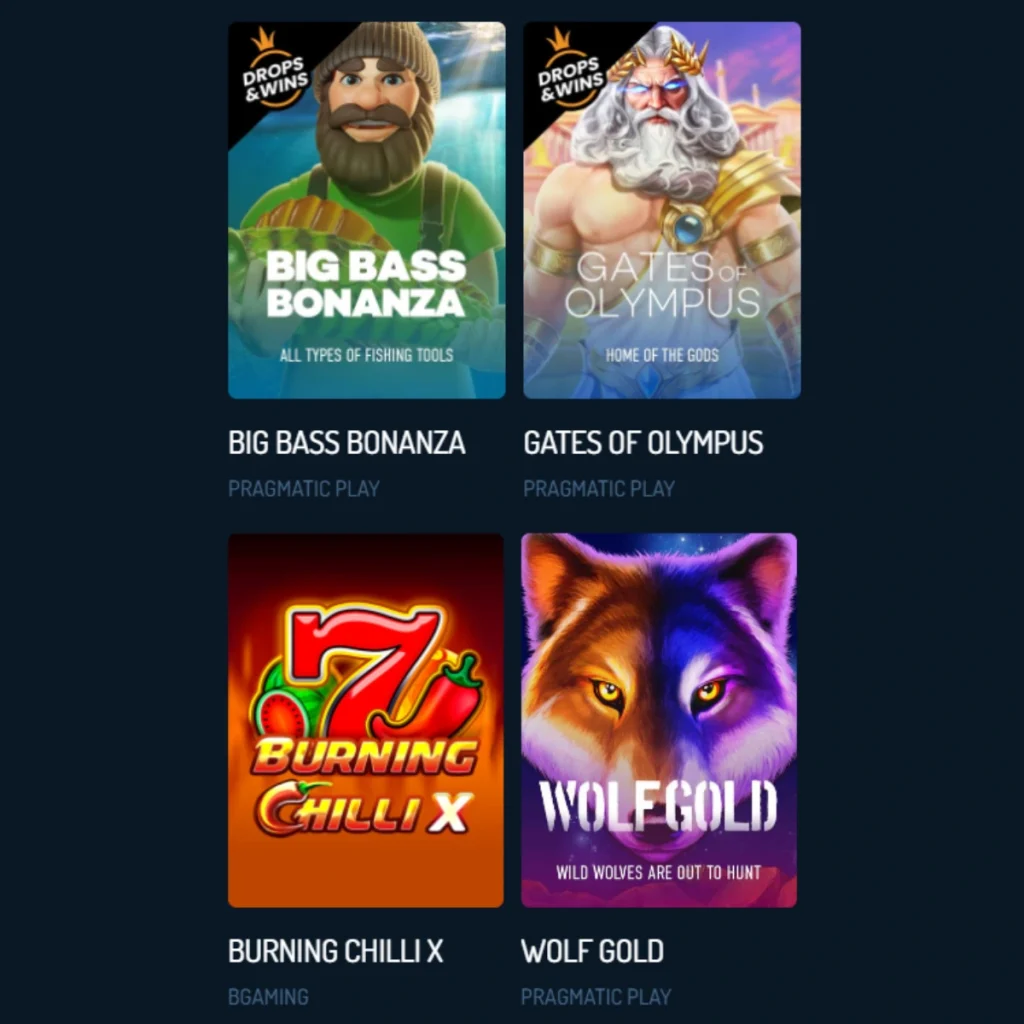 7Bets.io Casino game selection featuring Big Bass Bonanza, Gates of Olympus, Burning Chilli X, and Wolf Gold