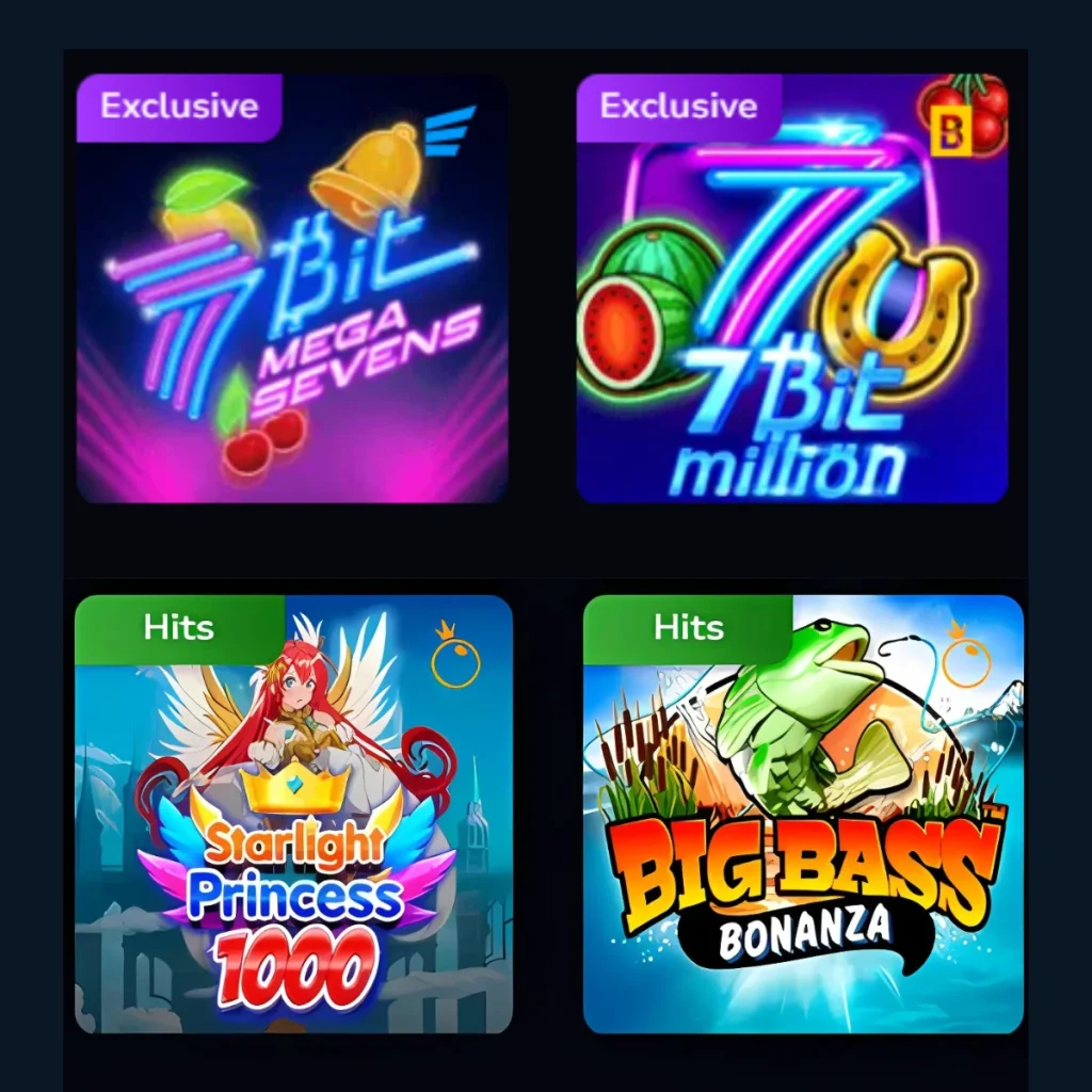 Slot game selection from 7Bit Casino featuring titles like 7Bit Mega Sevens, 7Bit Million, Starlight Princess 1000, and Big Bass Bonanza