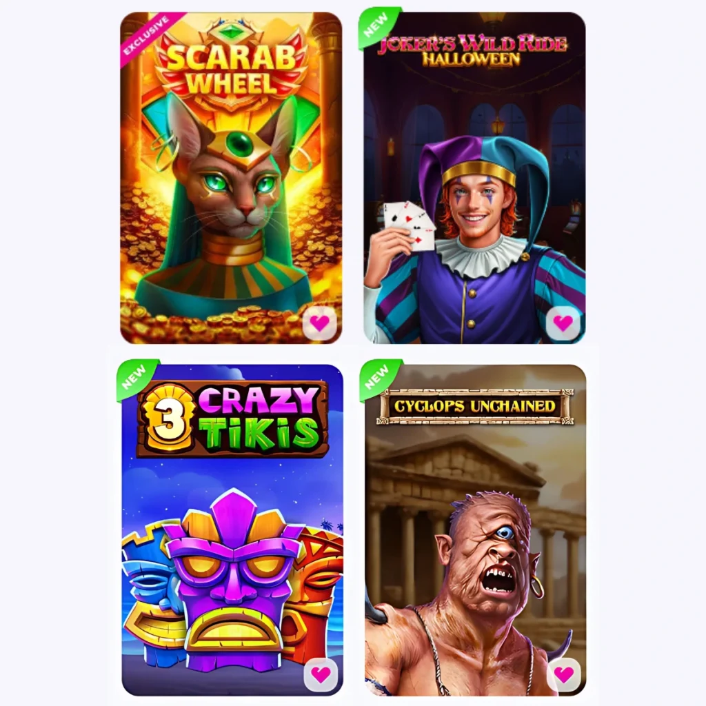 Explore exclusive and new games at 7signs Casino, featuring Scarab Wheel, Joker's Wild Ride Halloween, 3 Crazy Tikis, and Cyclops Unchained