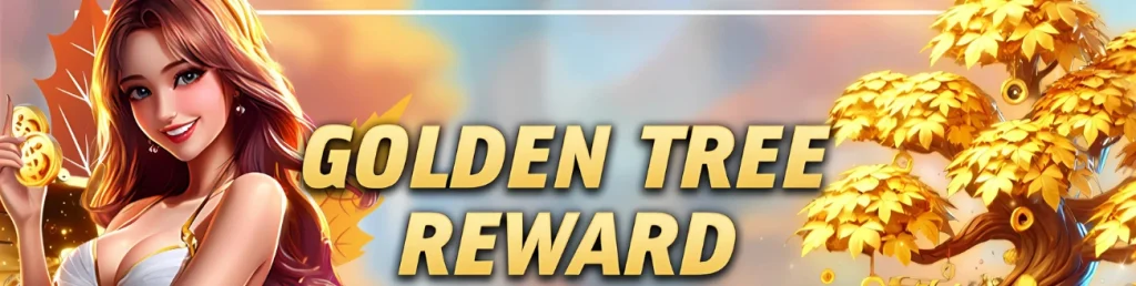 7Slots Casino Golden Tree Reward promotion with a smiling woman holding coins beside a golden tree