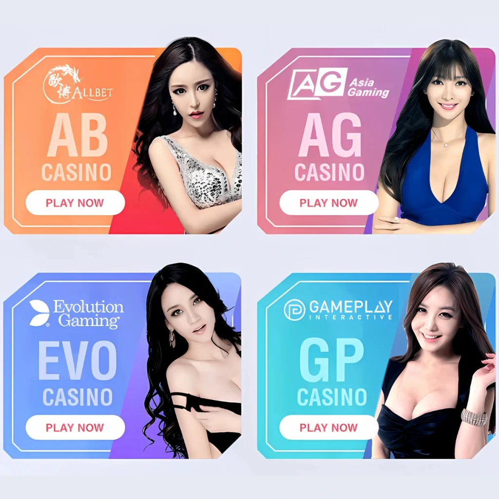 7Slots Casino featuring options for AB Casino, AG Casino, EVO Casino, and GP Casino with play now buttons