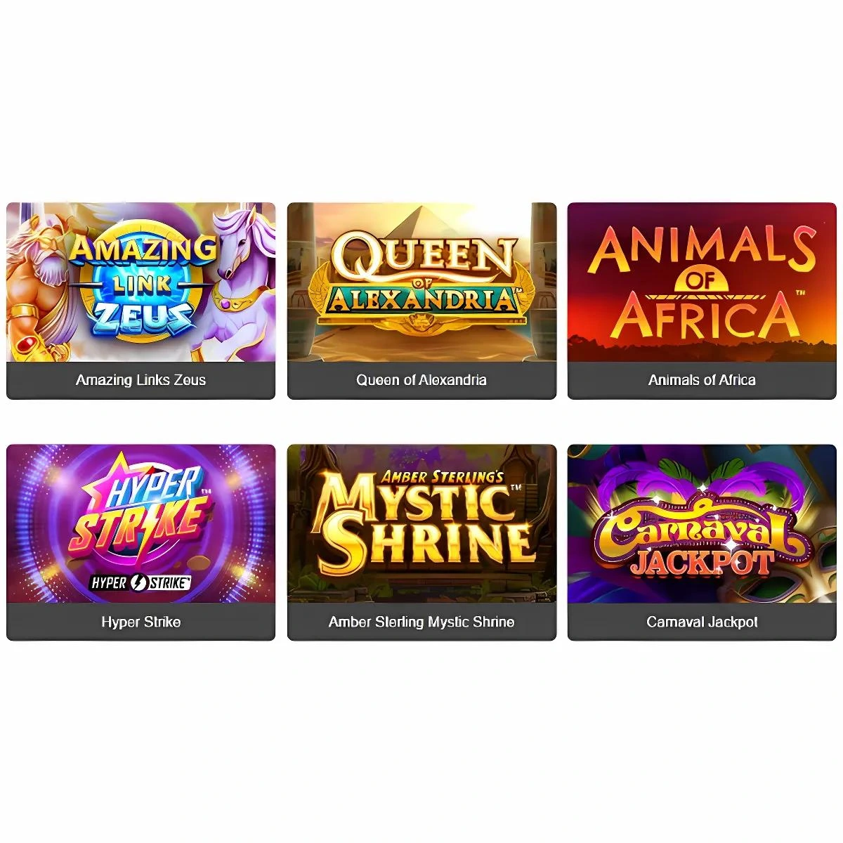 Slot games selection featuring Amazing Link Zeus, Queen of Alexandria, and Hyper Strike.