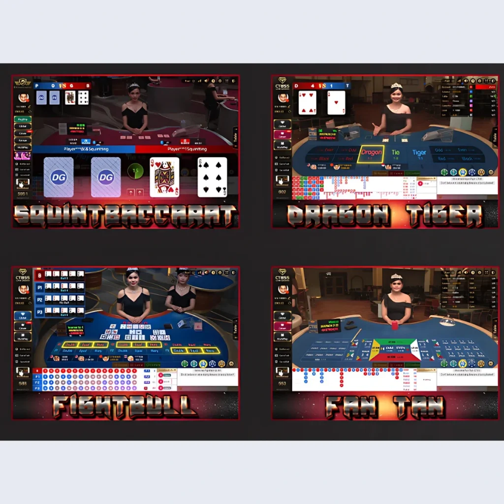 Selection of live casino games at 855Crown Casino, featuring Squint Baccarat, Dragon Tiger, Fight Bull, and Fan Tan