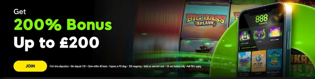 888slot Casino promotion offering a 200% bonus up to £200 with slot machine graphics