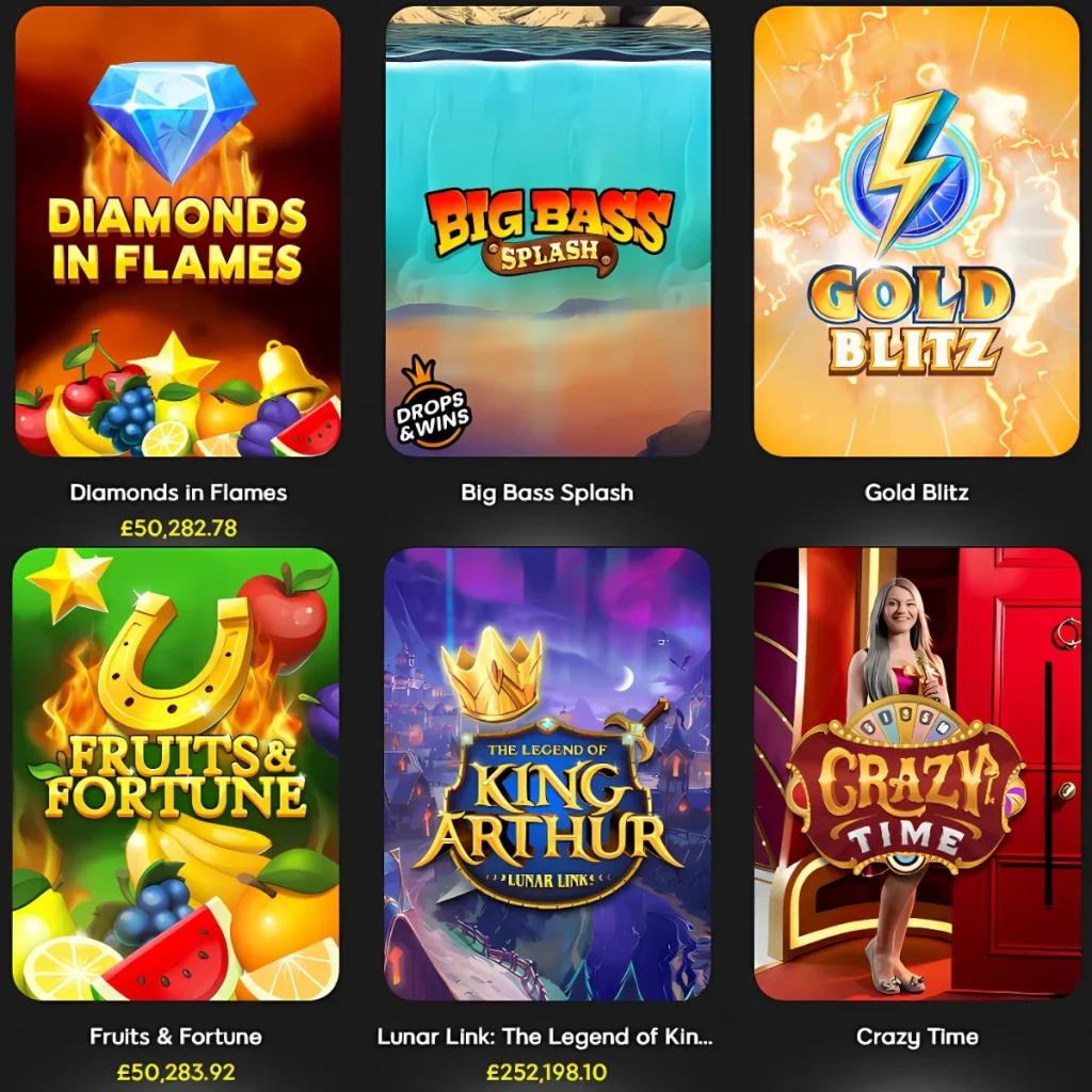 Popular slot games at 888slot Casino, including Diamonds in Flames, Big Bass Splash, and Gold Blitz