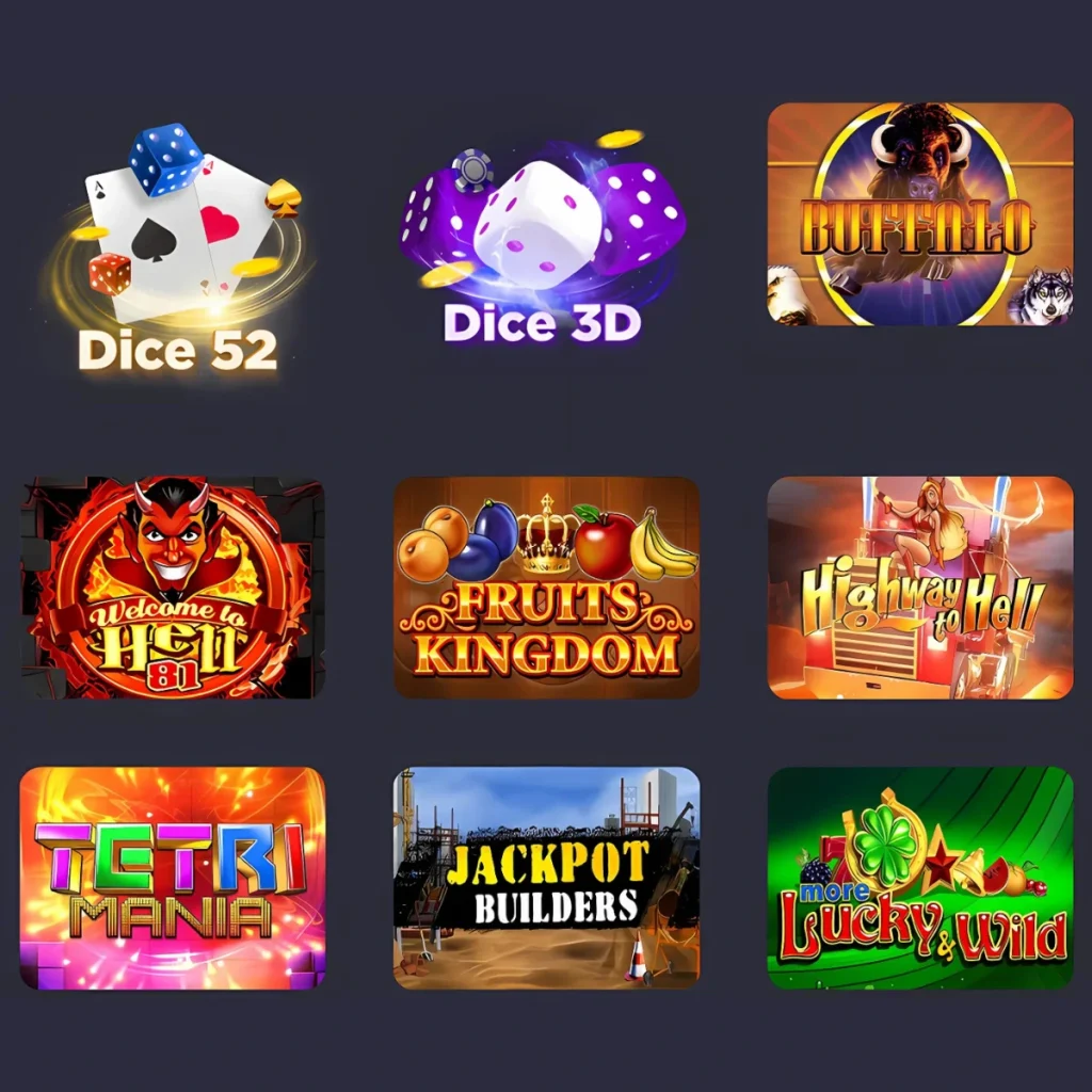 Various games at 888Tron Casino, including Dice 52, Buffalo, and Fruits Kingdom