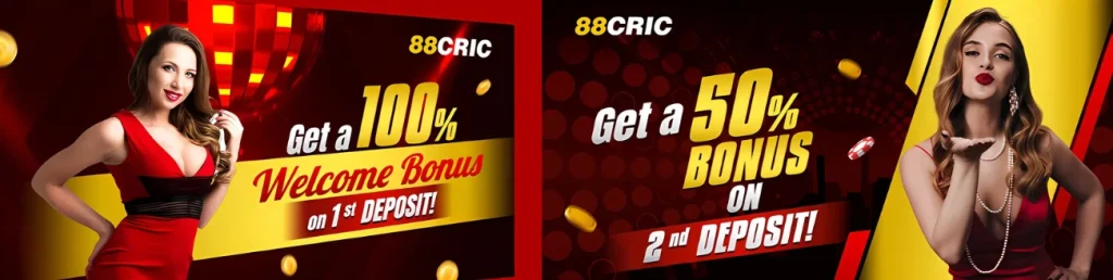 88Cric Casino promotions with 100% welcome bonus and 50% bonus on second deposit