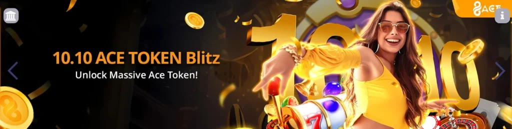 96ace Casino promotion banner for ACE TOKEN Blitz, showcasing vibrant slot reels and a smiling woman in yellow