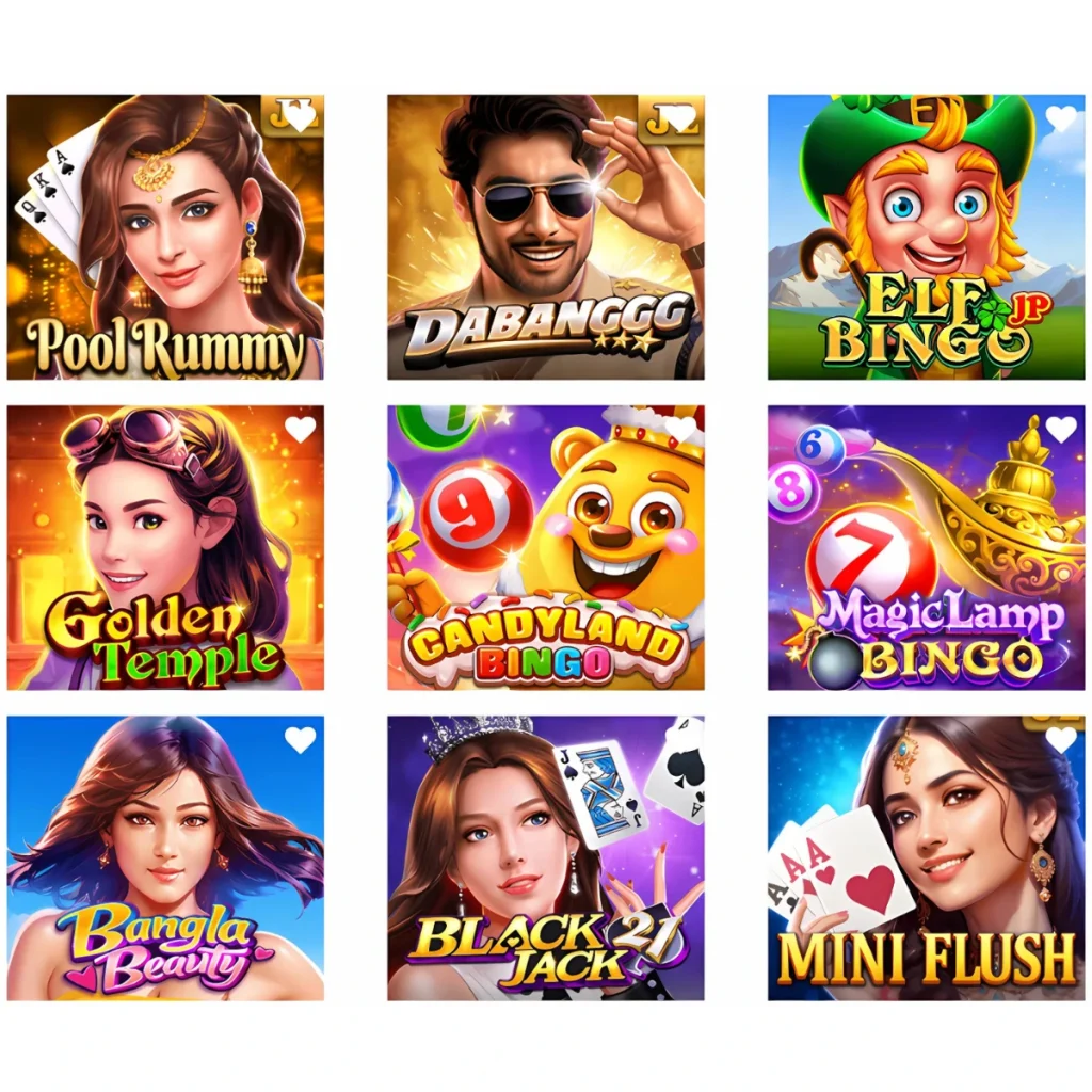 Popular games at 96ace Casino, including Pool Rummy, Dabangg, Elf Bingo, Golden Temple, and Candyland Bingo