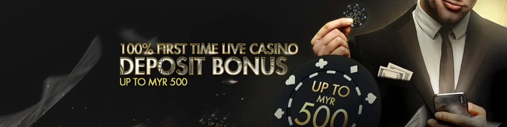 A promotional banner for 9club Casino offering a 100% first-time live casino deposit bonus, with a man holding casino chips and cash.