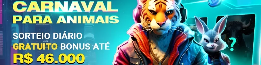 Carnaval para Animais promotion at 9f.com Casino featuring a stylish tiger and rabbit, offering up to R$ 46,000 in daily bonuses