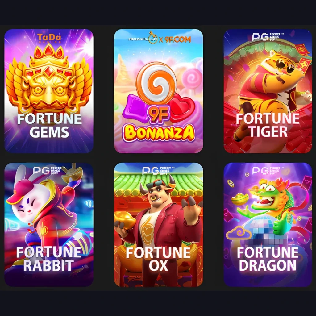 Selection of popular games at 9f.com Casino, including Fortune Gems, 9F Bonanza, Fortune Tiger, Fortune Rabbit, Fortune Ox, and Fortune Dragon