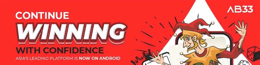 AB33 Casino promotional banner with the slogan 'Continue Winning with Confidence,' highlighting the Android availability in red and white colors.