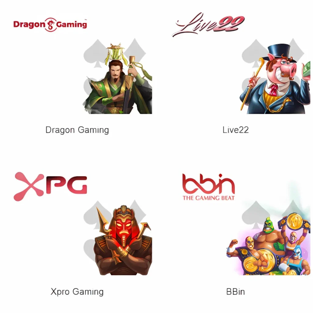 AB33 Casino game providers including Dragon Gaming, Live22, Xpro Gaming, and BBin, each represented with unique icons