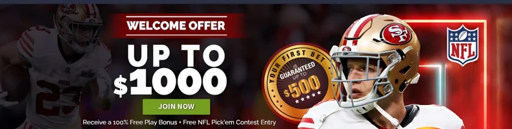 ABC Islands Casino welcome offer with up to $1000 bonus for first-time users, featuring an NFL player wearing a helmet. The promotion includes a free play bonus and a guaranteed first bet bonus up to $500