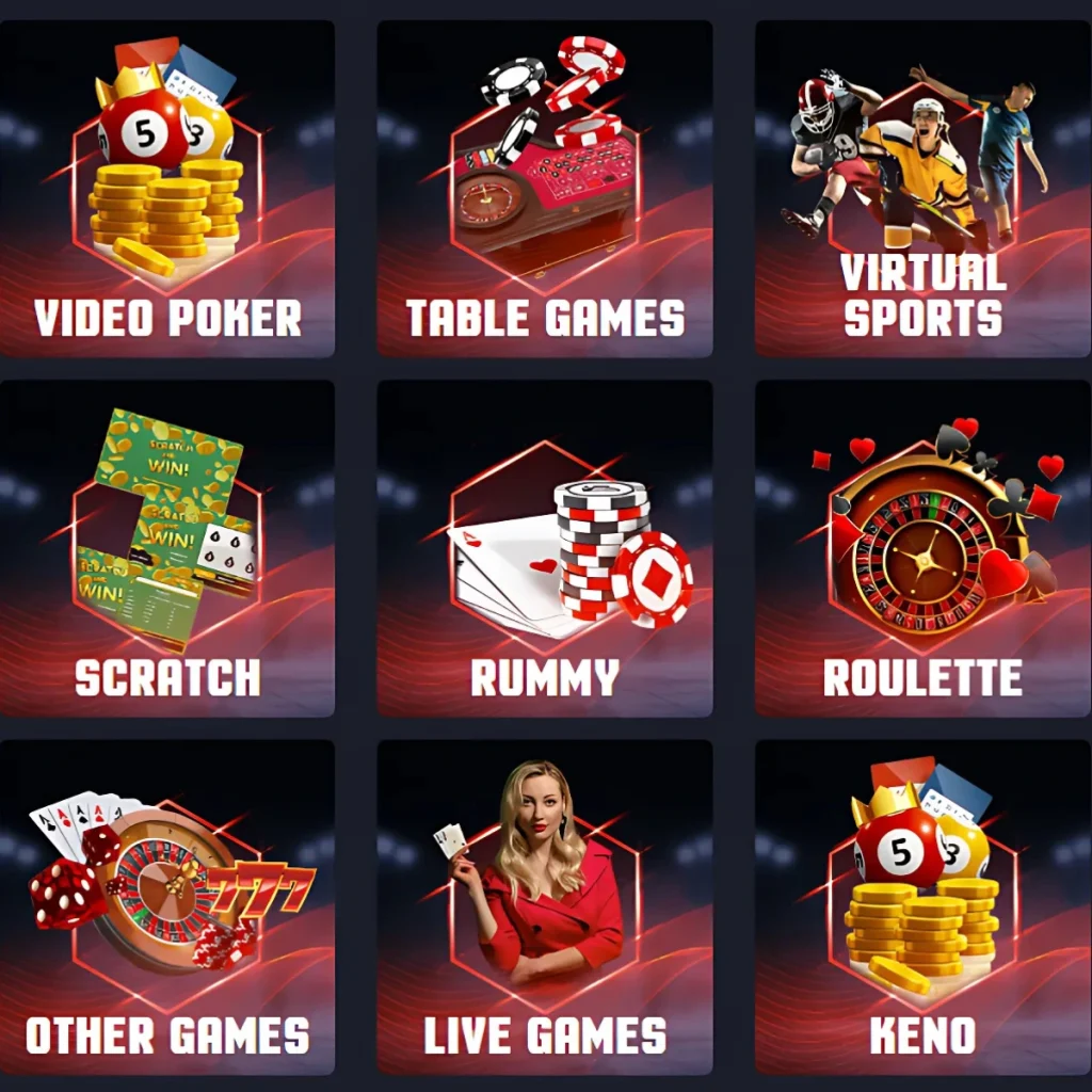 ABC Islands Casino gaming categories showcasing icons for various games like Video Poker, Table Games, Virtual Sports, and Live Games, each represented with illustrative visuals on a dark backdrop