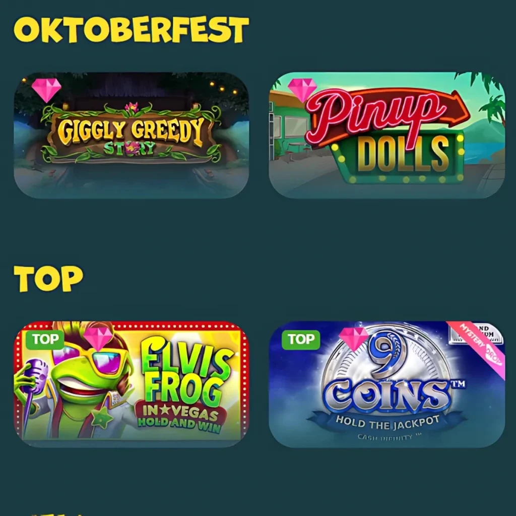 Top and Oktoberfest games at ABO Casino featuring Giggly Greedy, Pinup Dolls, Elvis Frog in Vegas, and 9 Coins Hold the Jackpot