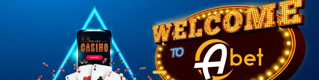 ACBet Casino welcome offer banner showcasing a mobile screen with playing cards and casino chips, with a bright 'Welcome' sign