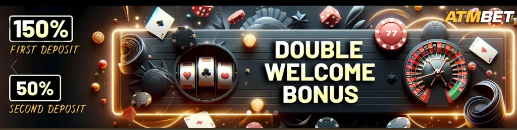 ATMBet Casino double welcome bonus promotion with slot reels and roulette wheel