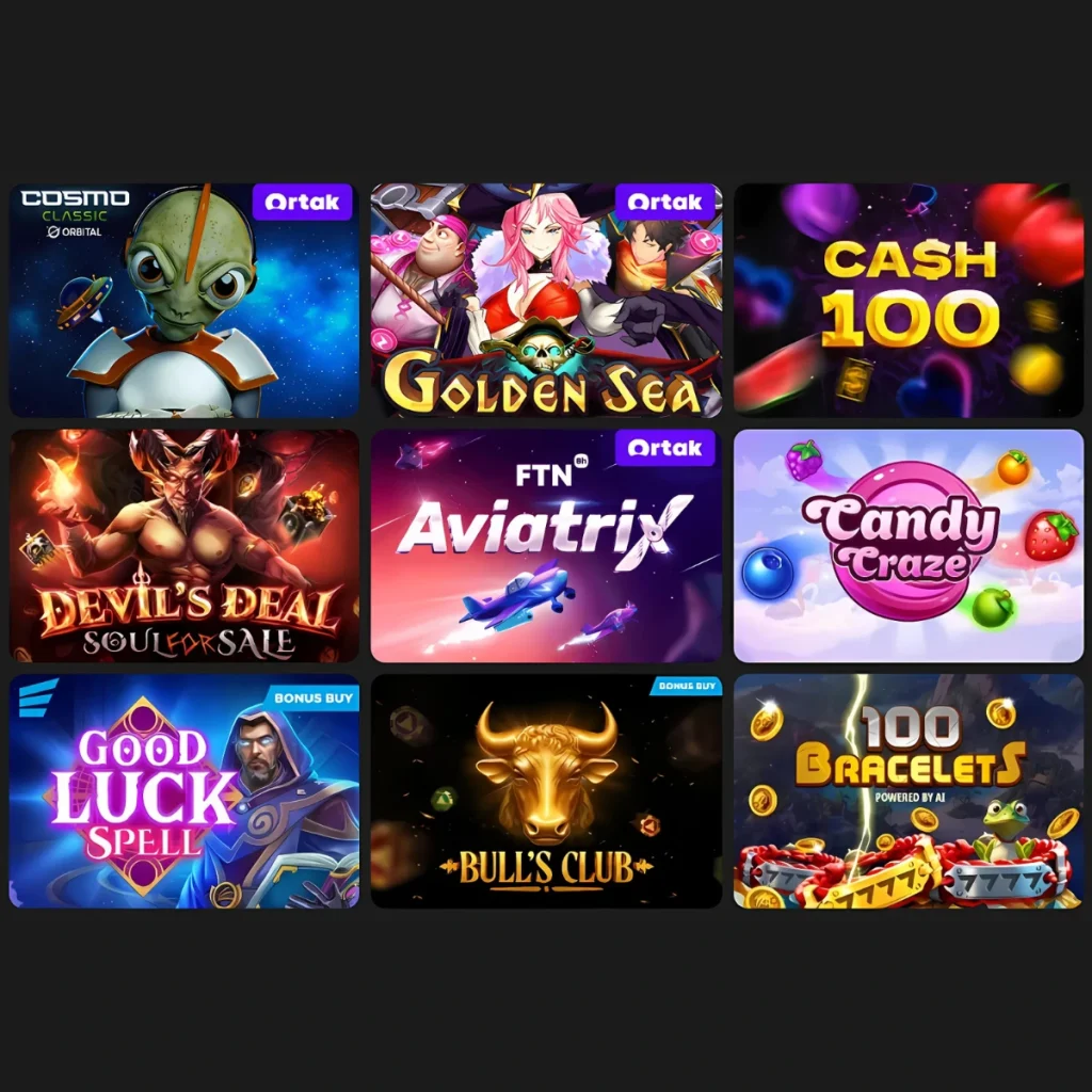 ATMBet Casino game selection featuring Aviatrix, Candy Craze, and Bull's Club