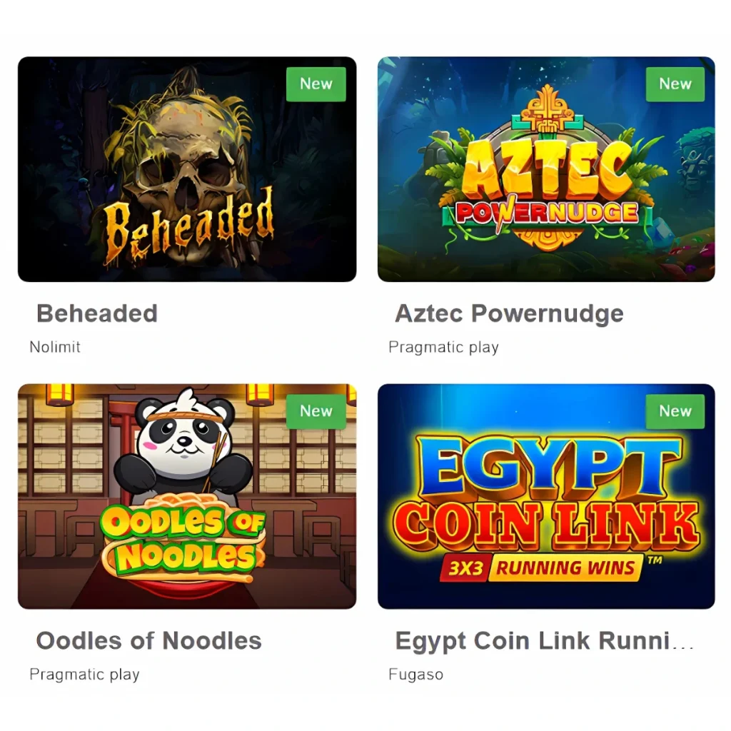 AU Slots Casino game selection featuring Beheaded, Aztec Powernudge, and Oodles of Noodles.