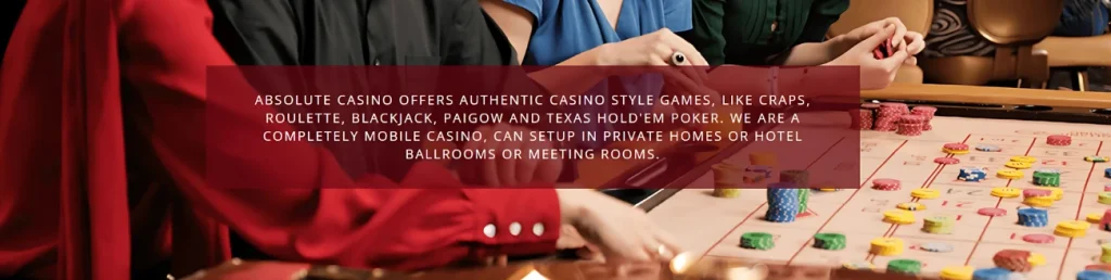 A group of people playing various casino games, including roulette and blackjack, with a red banner promoting Absolute Casino’s mobile gaming services